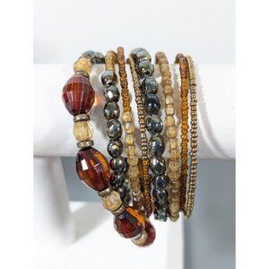 Boho Tribal Faceted Brown Bead Coil Wrap Bracelet 7.5 in